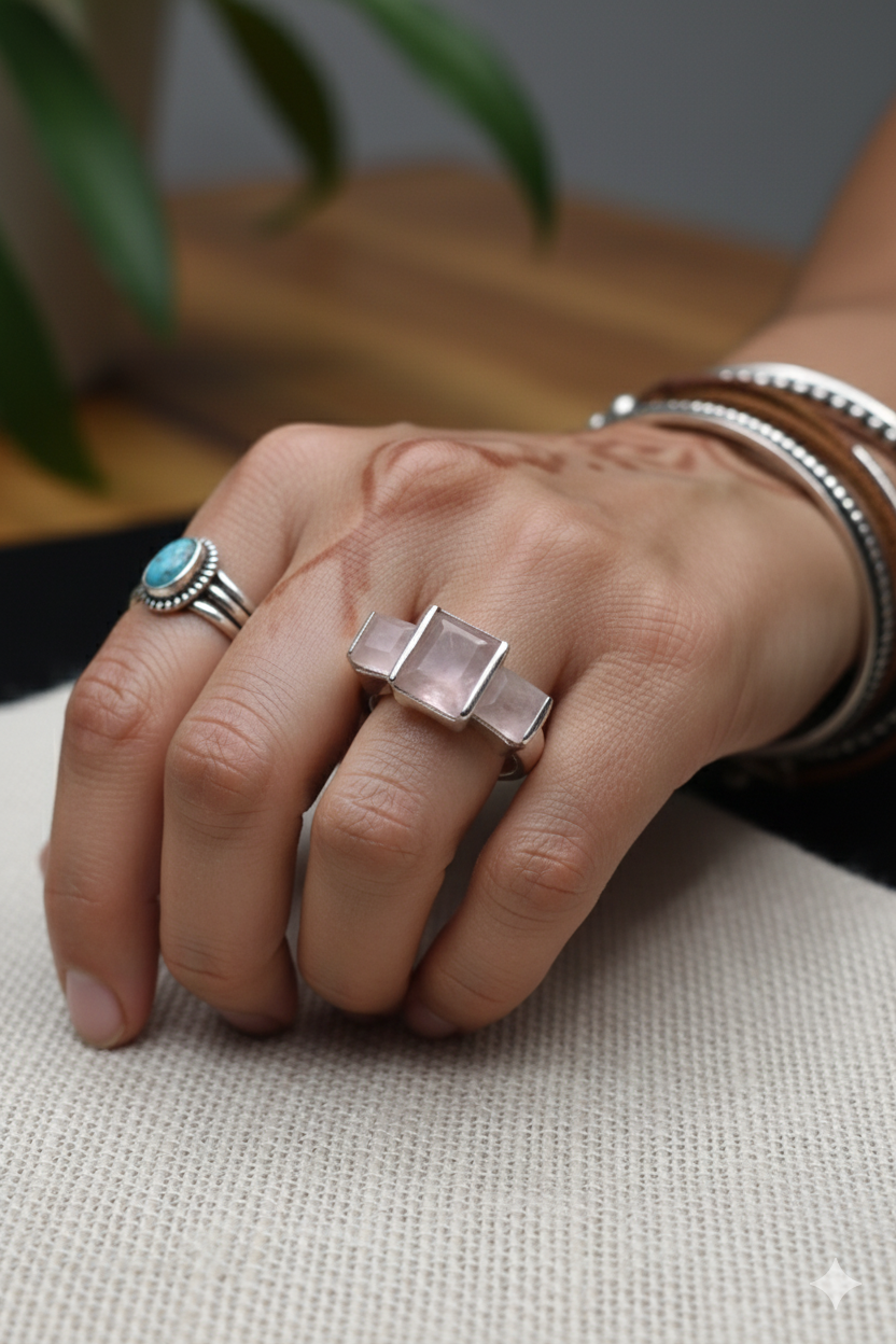 Hand wearing multiple rings with a neutral background